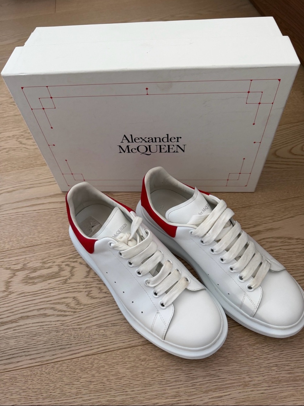 Men's Alexander McQueen Oversized Sneakers White Calf Leather with Red heel